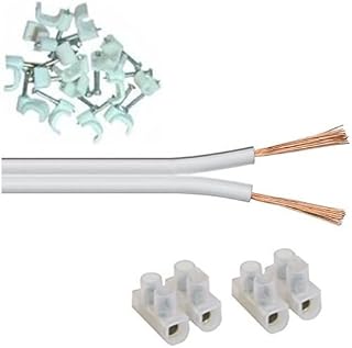 electrosmart® Speaker Cable Extension Kit suitable to Extend Speaker Cables  Kit Includes White 2x 13 Strand Loud Speaker Cable - White Speaker Cable Clips - Speaker Cable Joining Block (10m Kit)