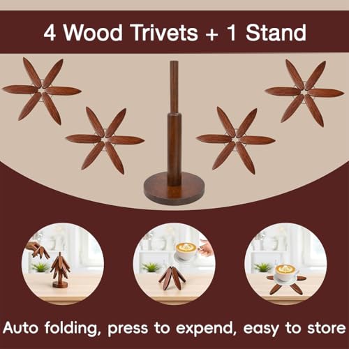 Image of Lyrovo Wooden Trivets for Hot Dishes, Tree Shape Trivet Set, 4 Walnut Wood + 1 Stand stored Like a Christmas Tree,Foldable Kitchen Wooden Trivet,for Hot Dishes、Pot、Bowl、Teapot、Hot Pot Holder