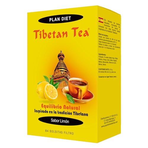 Tibetan Tea Sabor Limón - Infusión de Hierbas - 84 bolsitas. Té Verde Tibetano, Frángula, Malva hoja, Manzanilla, Hibisco, Hinojo, Anís