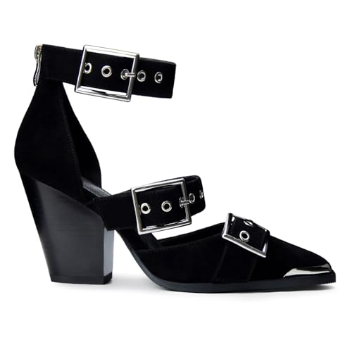 Migpuel Western Sandals for Women Chunky Wedge Heels Pointed Toe Pumps Ankle Strap Metal Buckle Strappy Heels Comfortable Fashion Casual Dress Shoes Black_Suede,7