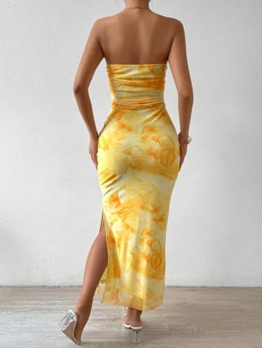 Women's Strapless Tube Top Dress Summer Tie Dye Floral Bodycon Wedding Guest Maxi Slit Dresses Vacation & Party Club3