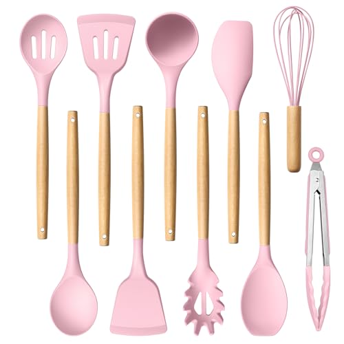 HaWare 10-Piece Silicone Kitchen Utensil Set with Wooden Handles