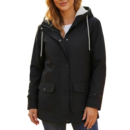 chiguomaoyi Mujeres Chaquetas impermeables al aire libre Softshell Chaqueta con capucha Windbreak Impermeable para el otoño invierno (Negro,M)