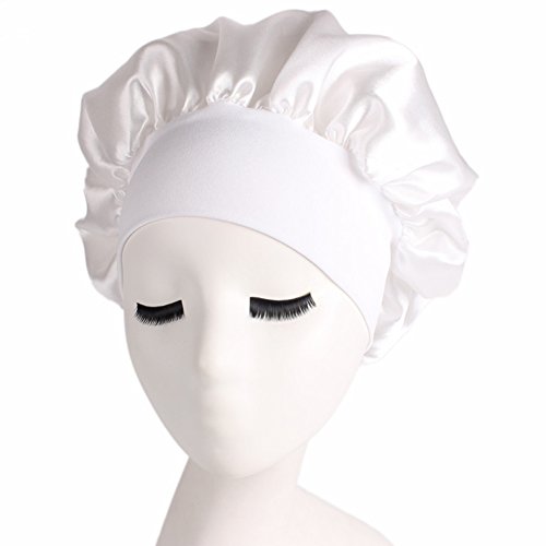 Women’s Elastic Wide Band Sleep Night Cap Head Cover Bonnet Hat for For Curly Springy Hair (White)
