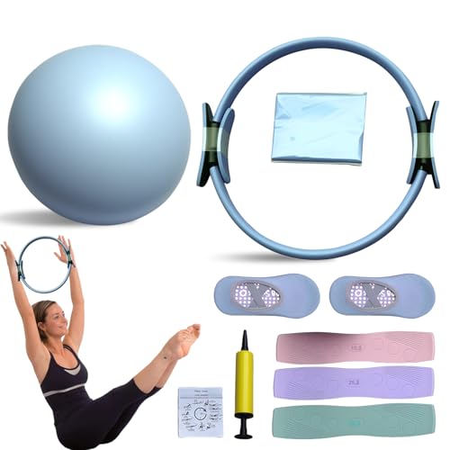 Pilates Essential Kit, Tragbares Pilates-Set für Zuhause für Frauen, mit Pilates-Toning-Ring und Langen Widerstandsbändern, weichem Pilates-Ball und Pilates-Griffsocken (Blue)