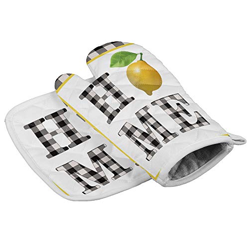 Oven Mitts and Potholders 2 pcs Set Yellow Fresh Lemon Home Black White Buffalo Check Plaid Heat Resistant Kitchen Gloves and Hot Pads with Cotton Infill for Cooking Baking