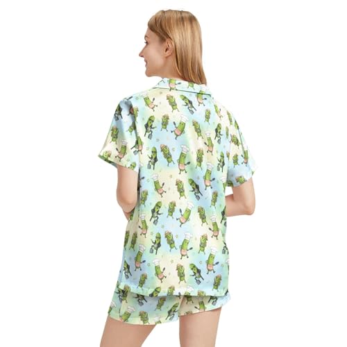 Image of Funny Satin Pajamas Set for Women Button Down Sleepwear Print Pjs Set 2 Piece Short Sleeve Loungewear Gift for Women