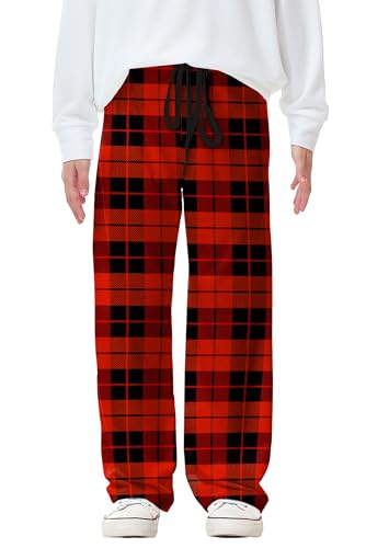 Long Pants Drawstring Elastic Waisted Casual Plaid Graphic Loose Fit Pant Red 11-12 Years2