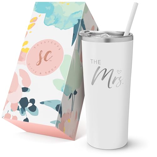 Mrs. Bride Personalized Vacuum-Insulated Valentine's Day Tumbler Cup with Straw and Lid - Stainless Steel Mug Wedding Gift - Bride to Be - Engagement Gift - Insulated Water Bottle