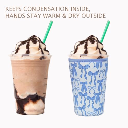 Image of Reusable Insulated Neoprene Iced Coffee Cup Sleeve, Durable Drink Sleeve for Cold Beverages, Beverage Holder for Iced Coffee, Blue Bows