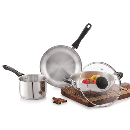 Image of CELLO Galaxy Steelox Stainless Steel Set of 3 Pieces Cookware Set Combo for Kitchen | Kadhai with Glass Lid 22CM + Milk Pan 14CM + Fry Pan 22CM Gas Stove Compatible Cookware for Daily Use & Gifting