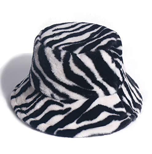 Newfancy Women s Zebra Print Faux Fur Bucket Hat Warm Fuzzy Fluffy Winter Warmer Fisherman Cap Black