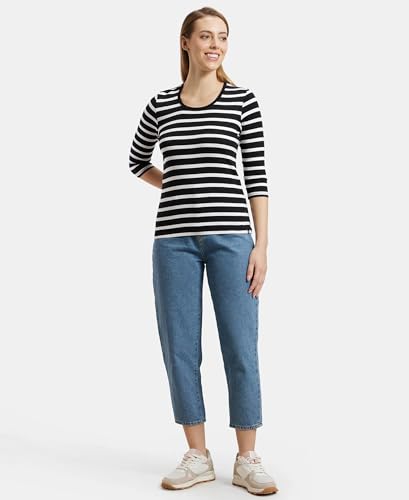 Image of Jockey 1360 Women's Super Combed Cotton Elastane Stretch Slim Fit Striped Round Neck Three Quarter Sleeve T-Shirt