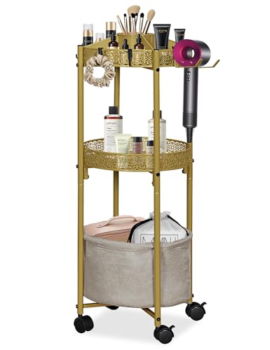 NauwaBarn 3-Tier Rolling Makeup Organizer Cart with Hair Dryer Holder - Salon-Grade Cosmetic Organizer, Mobile Bathroom Storage Cart for Skincare, Makeup Essentials -Locking Wheels (Gold Finish)