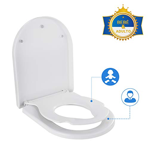 Tapa de WC Dalmo, Tapa para Inodoro Forma D con Cierre Suave y Lenta para Niños, Asiento Inodoro con Sencillo Montaje para Familia, Tapa de WC Familiar Fácil Desmontable de Plástico Duro, TBTS03Y