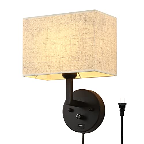 Image of Plug in Wall Sconce with Dimmer Switch and USB Port,9.5 inchRectangular Linen Fabric Shade,Bedside Wall Lamp Matte Black Finish,Wall Lamp Perfect for Bedroom, Living Room and Hotel. E26 Base