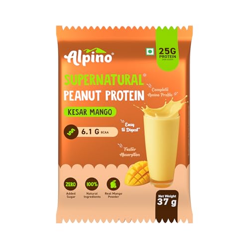Image of Alpino Supernatural Peanut Protein Powder Kesar Mango 222g (37g x Pack of 6) - 25g Plant Based Protein, 6.1g BCAAs, No Added Sugar, Vegan