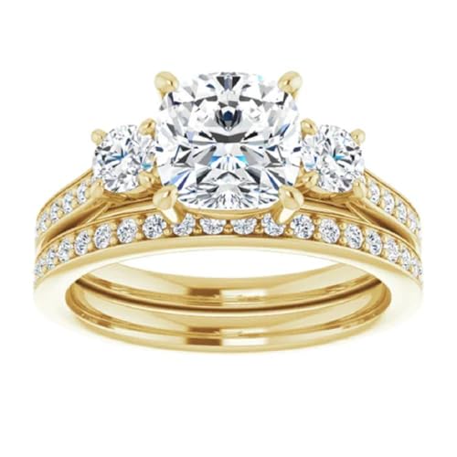 10K Solid Yellow Gold Handmade Engagement Rings 2 CT Cushion Cut Moissanite Diamond Solitaire Wedding/Bridal Ring Sets for Wife/Her Propose Rings3