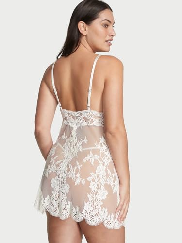 Victoria's Secret Sheer Lace Slip & Thong Panty Set, Spaghetti Strap Dress, Nightwear, Women's Sleepwear, White (L)3
