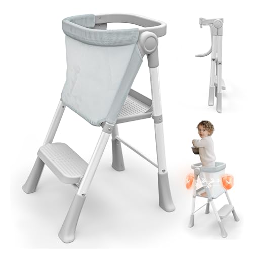 Toddler Step Stool Foldable Kids Step Stools for Kitchen Counter Foster Independence Learning Stool with Safety Guards&Net Toddler Sturdy Standing Tower Kitchen Helper Grey