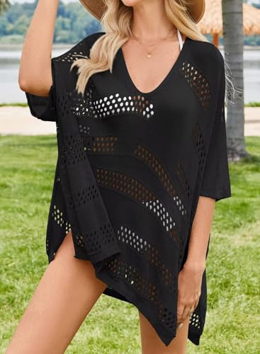 Women Bathing Suit Cover Up Summer Crochet Geometric Beach Swimsuit Coverup Mesh Knit Vacation Outfits Resort Wear2