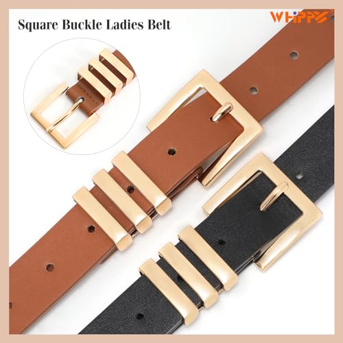WHIPPY 2 Pack Women's Leather Belts Fashion Square Gold Buckle Ladies Belt for Jeans Pants Dress3