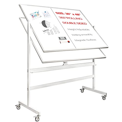 Boardest Rolling Magnetic Whiteboard 48 x 36 Inches Large Portable Dry Erase Board with Stand Double Sided Easel Style Whiteboard with Wheels - Mobile Standing Whiteboard for Office, Classroom & Home