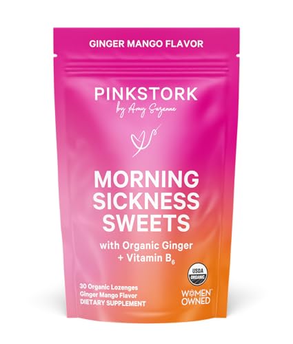 Pink Stork Morning Sickness Sweets, Organic Mango Ginger Candy with Vitamin B6 for Morning Sickness, Motion Sickness, Prenatal Heartburn - Pregnancy Must Haves - 30 Wrapped Drops