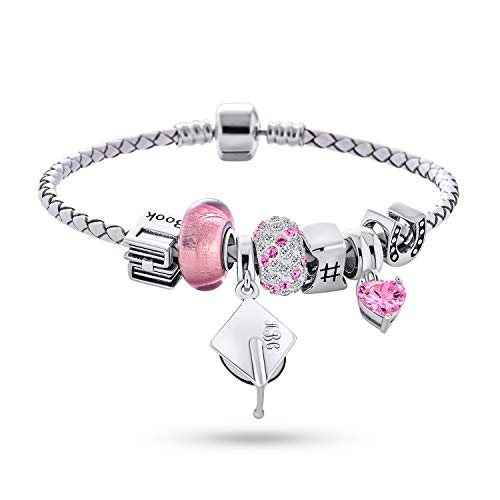 Personalize Initial Graduation Cap Honor Student Good Luck Theme Crystal European Bead Multi Charm Bracelet For Women Teens Genuine White Braided Leather .925 Sterling Silver Snap Barrel Clasp 7.5 #TOP1