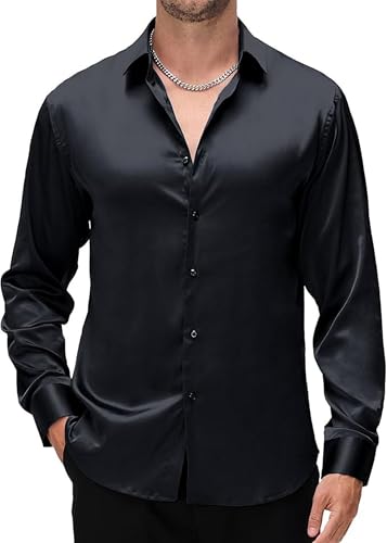 Image of CB-COLEBROOK Mens Stylish Solid Silk Satin Casual Dress Shirts for Men Shiny Long Sleeve Button Down Shirt Party Prom Wedding Shirt for Mens