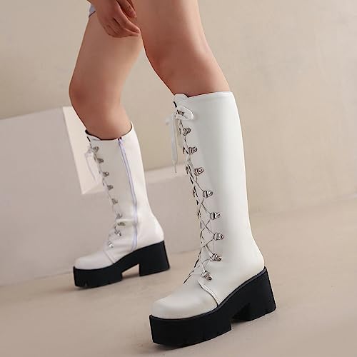 Image of Parisuit Women's Knee High Goth Platform Boots Lace Up Combat Boots | Chunky High Heel, Buckle Boots, Punk Chain Boots
