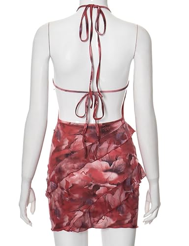 Image of Yuopeid Women's Sexy Halter Neck Backless Printed Mini Dress Floral Layered Ruffle Bodycon Short Party Dress