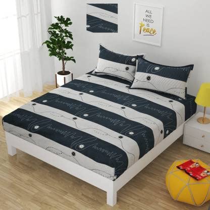 Image of Elastic Fitted Bedsheet King & Double Size - All Around Elastic, 200 TC Poly Cotton Printed Bed Sheet 72 inchx78 inch Upto 6 inch Mattress with 2 Pillow Covers, Grey Wind Wave