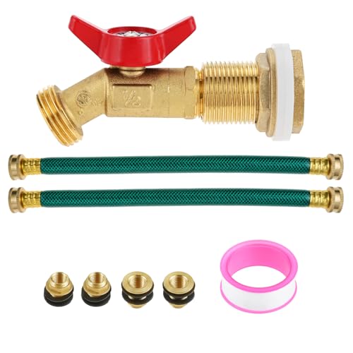 TEENGSE Rain Barrel Spigot Kit, Brass Rain Barrel Quarter Turn Ball Valve, 2PCS Garden Hose, 3/4
