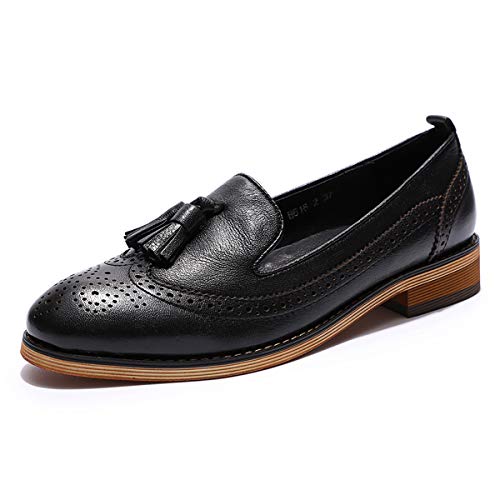 Image of Mona flying Women's Leather Tassel Loafers Slip on Brogue Flat Office Shoes