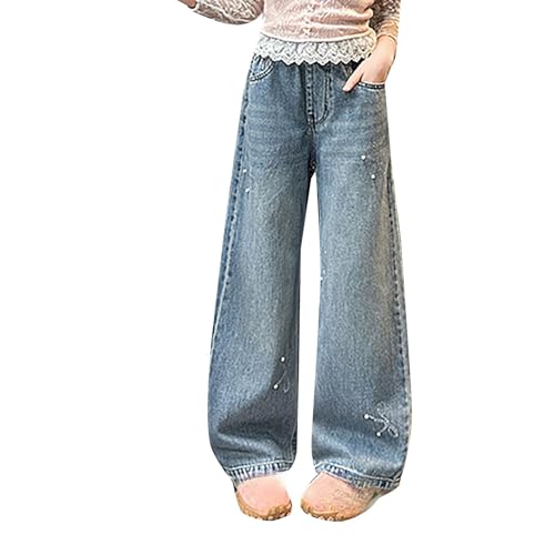 Girl's Bow Print Denim Pants Tween Elastic High Waist Basic Straight Leg Baggy Y2K Jeans Kids Vintage Cool Regular Trousers
