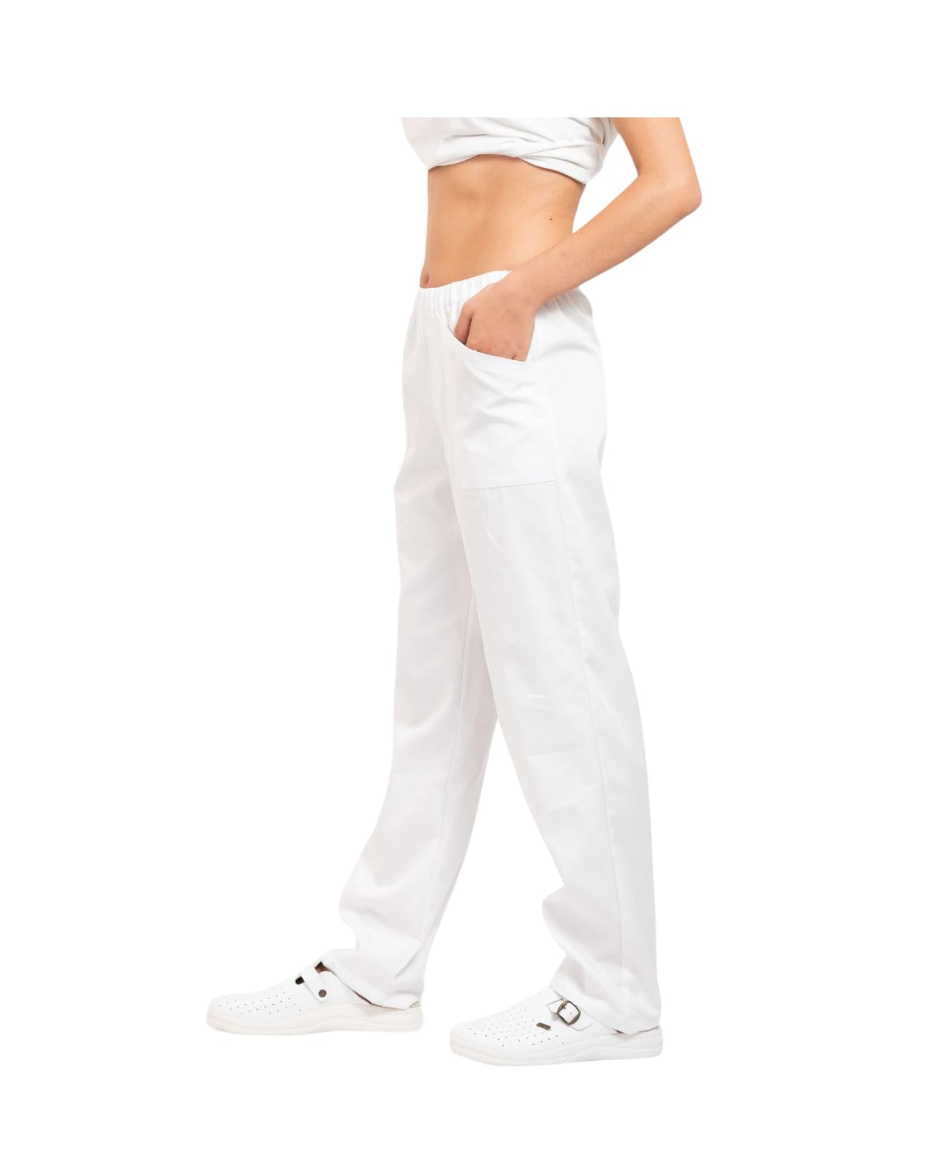 Pantaloni da Divisa Unisex - per Dentisti - Fisioterapisti - Estetiste - Operatori Sanitari - Colore Bianco - Elastico in Vita