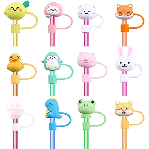Straw Covers Cap,12PCS Animals Straw Toppers for Tumblers,Reusable Stanley Straw Tips Cover for Outdoor Home Kitchen Party Decor,Duck Dinosaur Rabbit Frog Silicone Straw Cover Cover