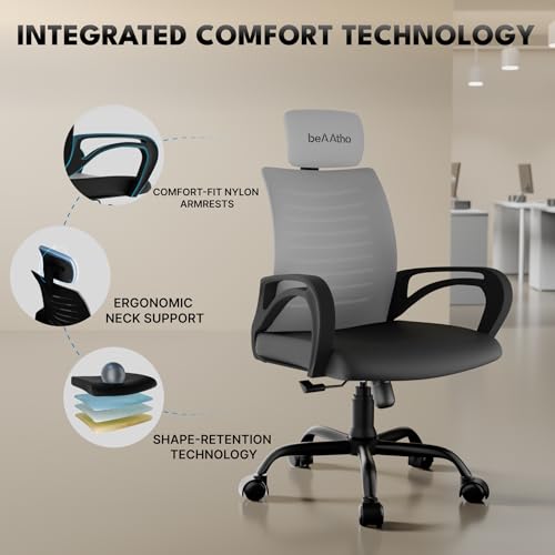 Image of beAAtho Verona Mesh High Back Ergonomic Home Office Chair | 3-Years Limited Warranty by beAAtho, Tilting & Height Adjustable Mechanism, Heavy Duty Metal Base | Ideal for Office Work & Study (Grey)
