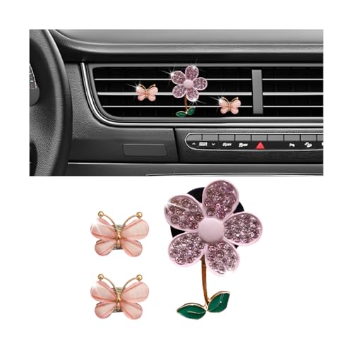 Image of 3PCS Bling Car Air Vent Clips, Butterfly Flower Rhinestone Vehicle Conditioning Outlet Clamps, Diamond Vent Clip Charm Decoration for Women Girls, Universal Automotive Accessories (Pink)