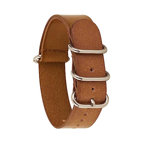 HTLEATHER Watch Band Nato Zulu Military Style Distressed Vintage Leather Watch Strap 18mm, 20mm, 22mm, 24mm (18mm, Light Brown-Silver)