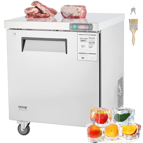VEVOR 28 W Commercial Freezer Worktop 7.4 Cu. Ft Undercounter Freezers with/Casters <0~-8>Defrost Frozen Prep Table Single Door Stainless Steel Food Frozen Prep Station for Restaurant Diner