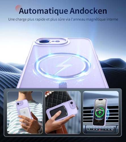 FLLAO Cover Magnetica per iPhone 16e Custodia e 2 Pellicole in Vetro Temperato, Cover iPhone 16e Compatibile con Magsafe, Traslucida Opaca Posteriore Sottile Antiurto Protettiva Case, Viola