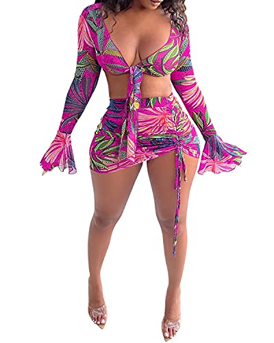 Zoctuo Women's Sexy 2 Piece Long Sleeve Floral Printed Ruched Drawstring Mini Dress Mesh See Through Party Club Outfits(5146,Rose Red,Xl) #TOP10