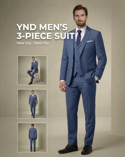 Image of YND Men's 3 Piece Suit with Tie, Solid Color Slim Fit Jacket Vest and Pants