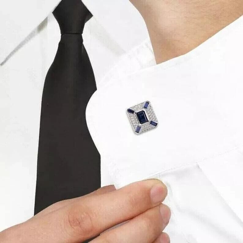 Gemelos de hombre con zafiro azul y diamante 14K plata miniatura 2
