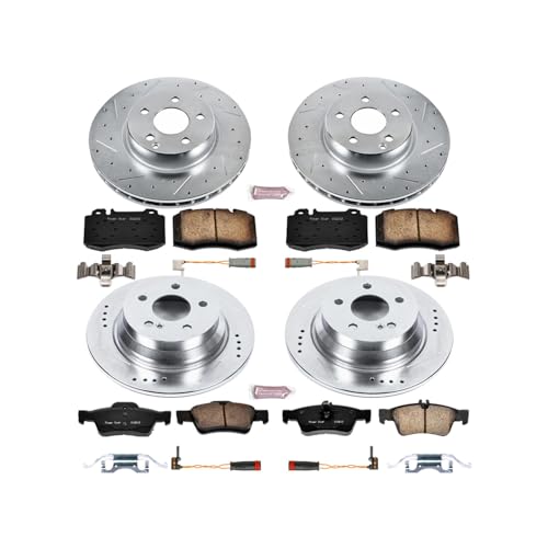 Image of PowerStop Front and Rear Brake Kit for Mercedes-Benz E350 2006 - Drilled and Slotted Disc Rotors with Carbon-Fiber Ceramic Brake Pads Replacement, K4512