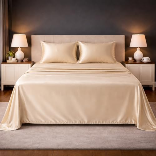 Image of LANE LINEN 100% Cotton Satin Fantasy Bedsheet Double Size - Linen