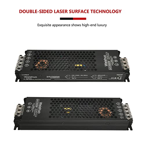 Weishuo LED Driver 24V 300W 12.5A Transformer IP20 AC 220V to DC 24V Constant Voltage Slim Switching Power Supply for LED Strip Lights, Bulbs and Indoor Lamps, Black