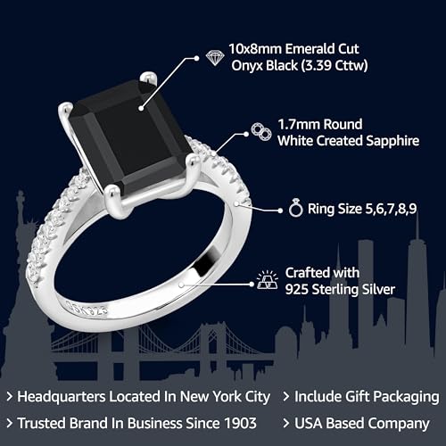 Gem Stone King 3.39 Cttw Black Onyx and White Created Sapphire Wedding Engagement Ring For Women | 925 Sterling Silver | Gemstone Birthstone | 10X8MM Emerald Cut | Available In Size 5, 6, 7, 8, 92